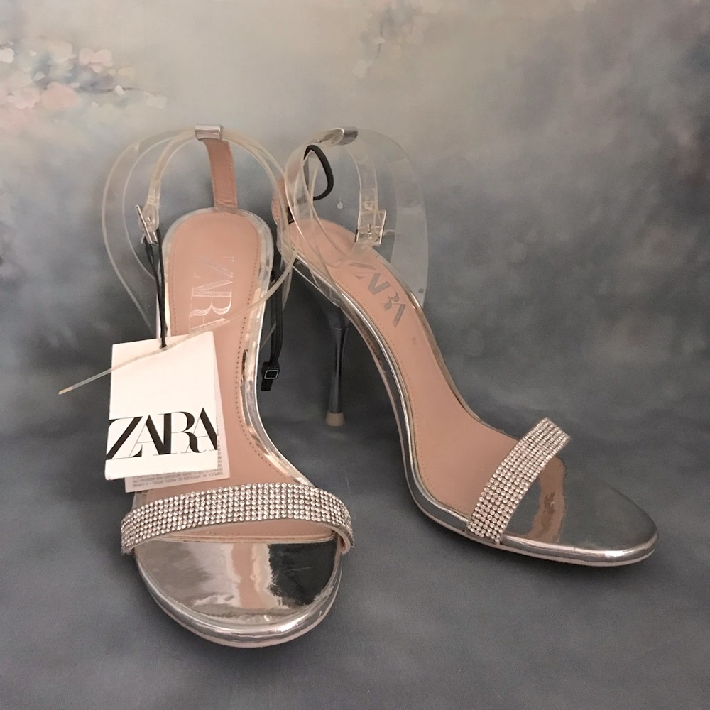 Zara Metallic Silver and Crystal Heeled Sandals - Picture 1 of 12